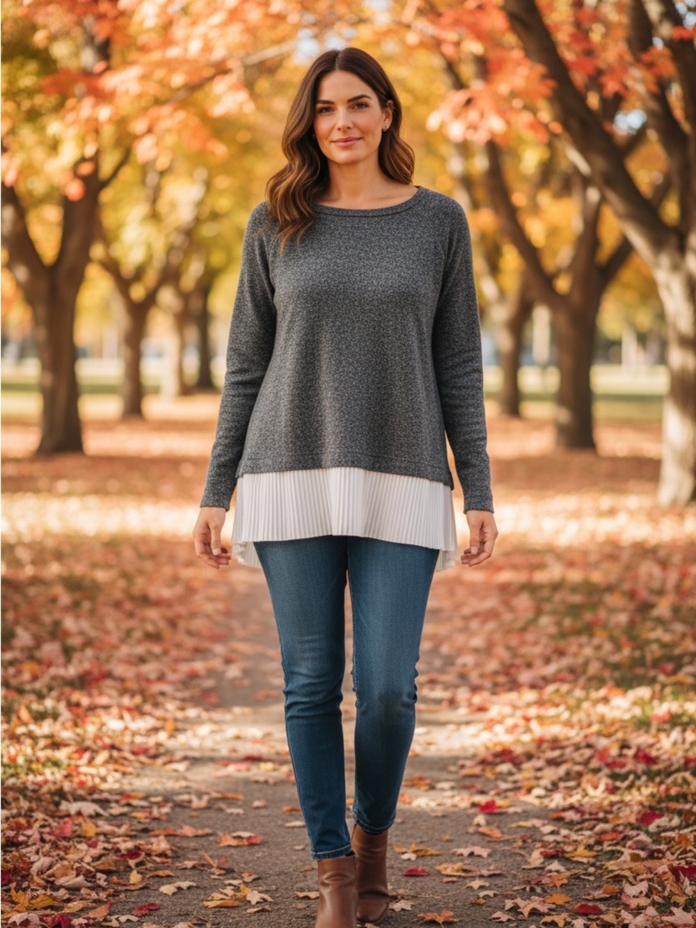 Above and Beyond Relaxed Charcoal Knit Top with White Pleated Hem